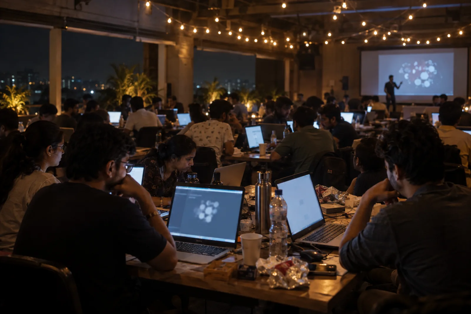A hackathon hall at night: teams at long tables under string lights, laptops glowing (illustrative photo)