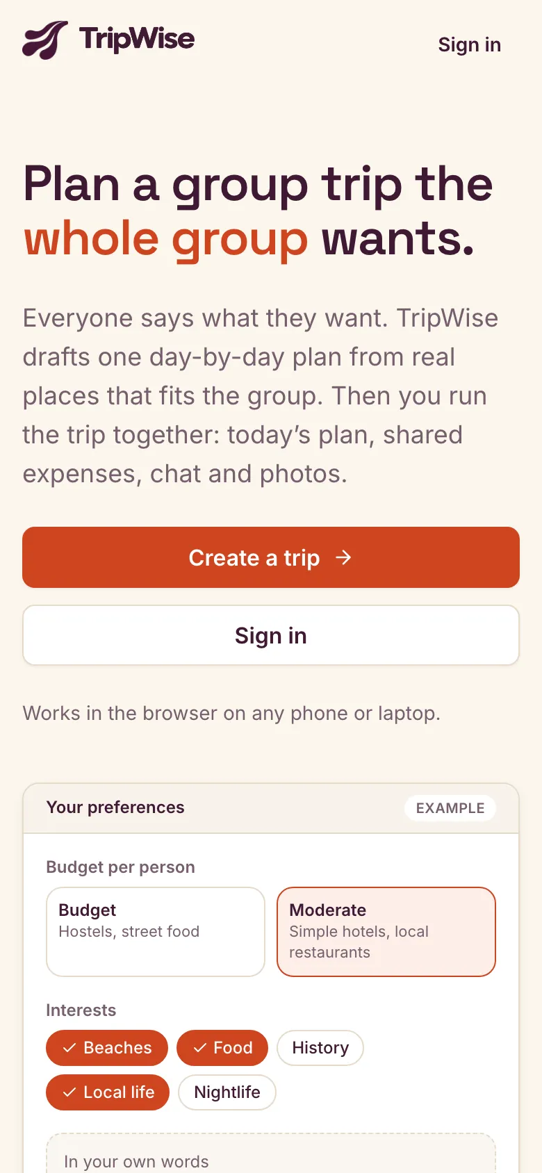 TripWise website on a phone