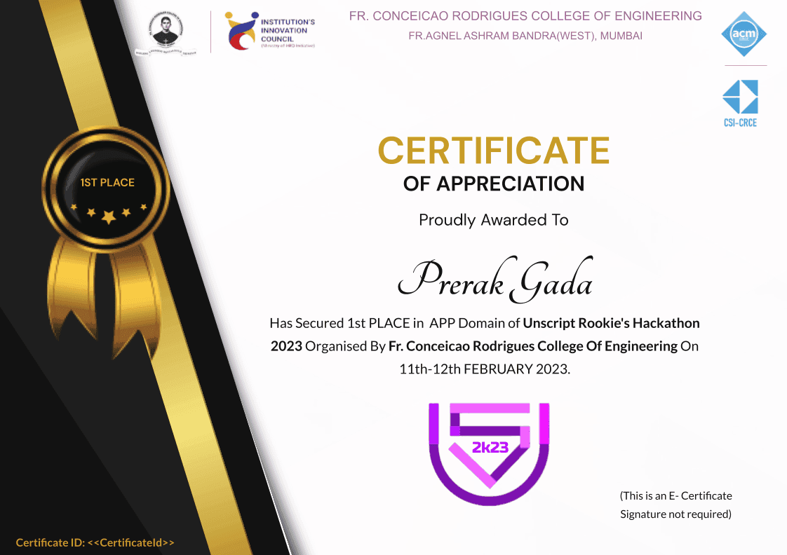 Unscript Rookies hackathon winner certificate